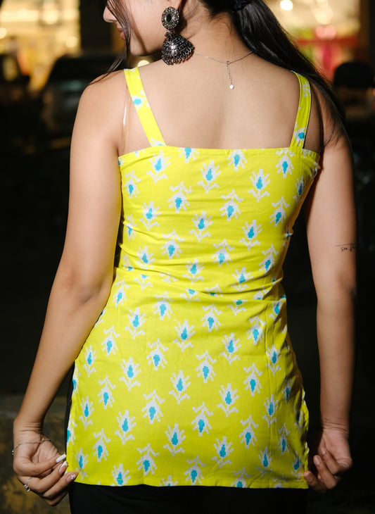 Lime Bloom Ikat Cotton Kurti
