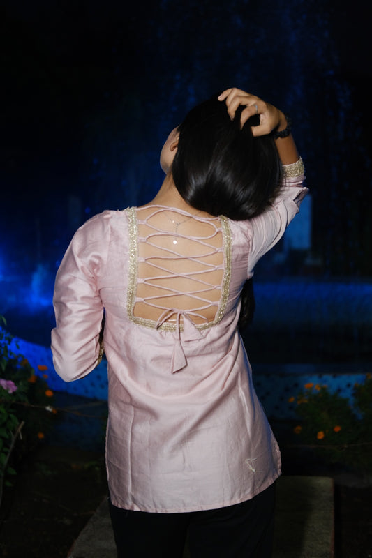 🌸 Blush Harmony – Lace-Backed Silk Elegance