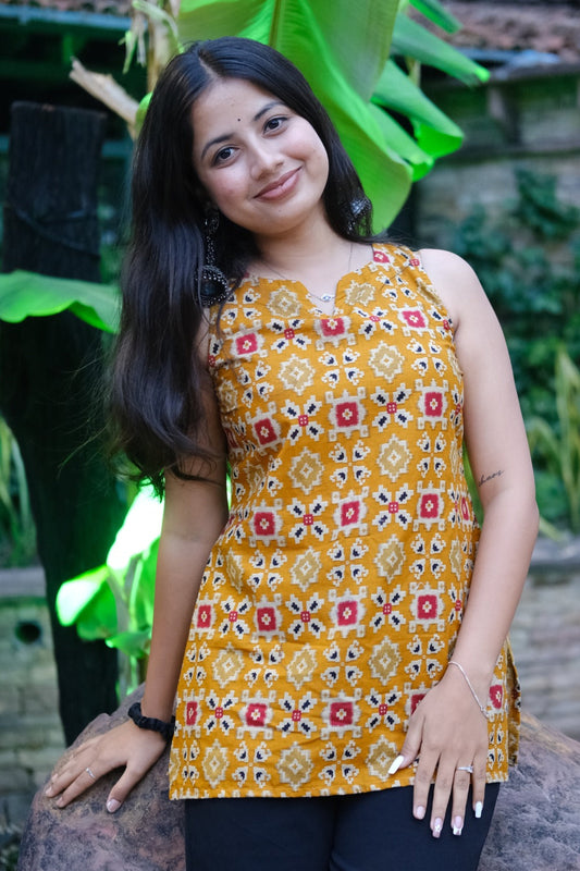 🔰Mustard Mosaic Back-Tie Sleeveless Kurti