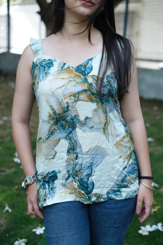💙Aqua Veins Hand-Painted Sleeveless Kurti