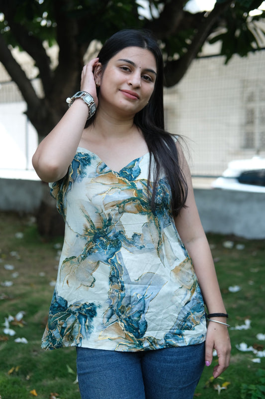 💙Aqua Veins Hand-Painted Sleeveless Kurti