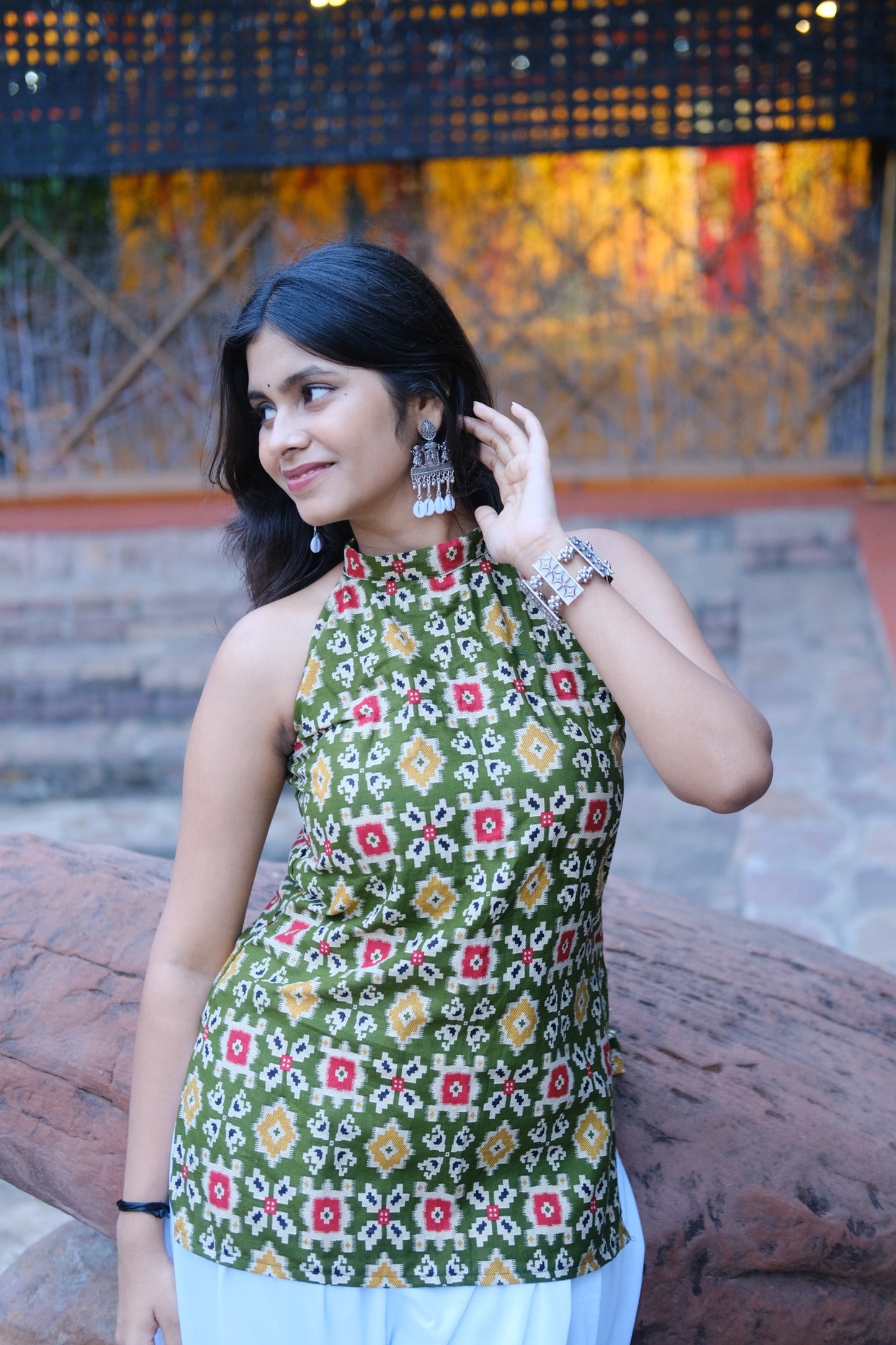 Olive Ikat Backless Halter Kurti