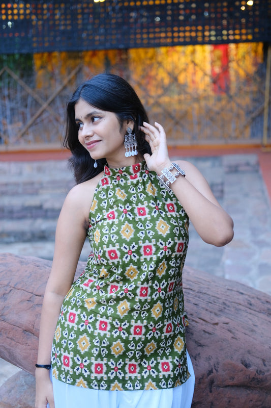 Olive Ikat Backless Halter Kurti